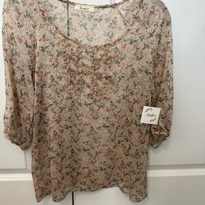 Light Peach Floral Ruffle-Neck Blouse by